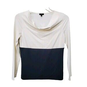Talbots Petites Off-White/Blue Colorblock Jersey Knit Draped Neck Blouse Size SP